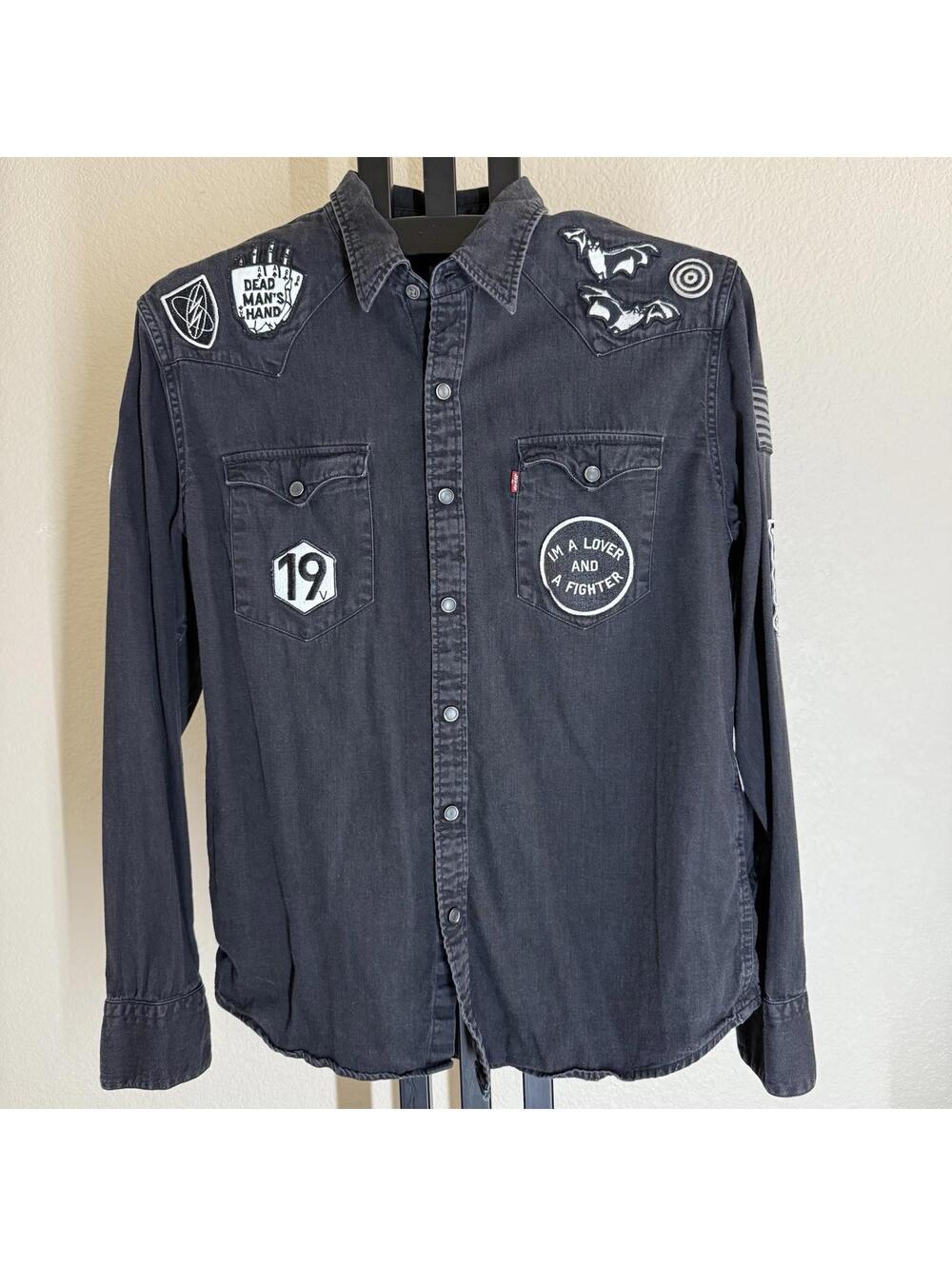 Levi’s black Western snap shirt - Custom Patch Rock Biker Moto Rare Collector  L